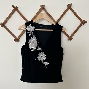 White House Black Market Black Top with White Floral Design